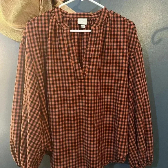 A New Day Gingham Top w Balloon Sleeves Sz L - Picture 1 of 2